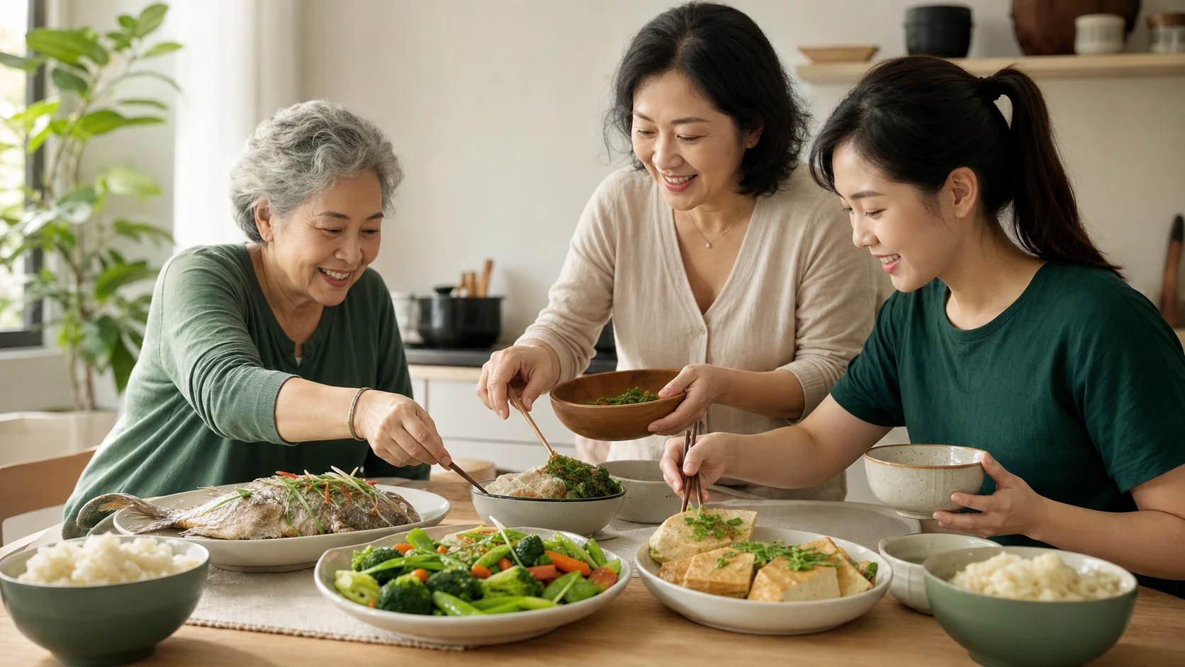 不同世代家人在家準備健康餐