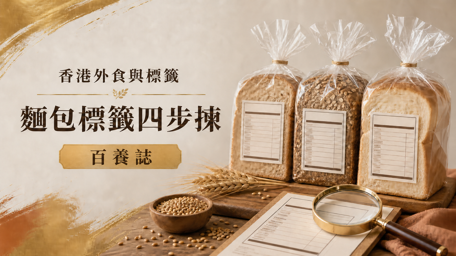 三款預先包裝麵包、營養標籤與放大鏡，旁有百養誌麵包標籤四步揀標題
