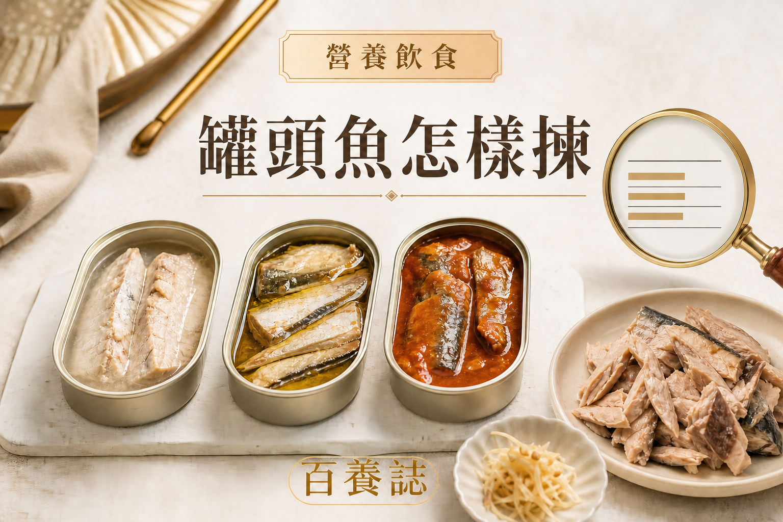 金銅啡米白色三款罐頭魚及無字營養比較圖封面，文字為營養飲食、罐頭魚怎樣揀、百養誌