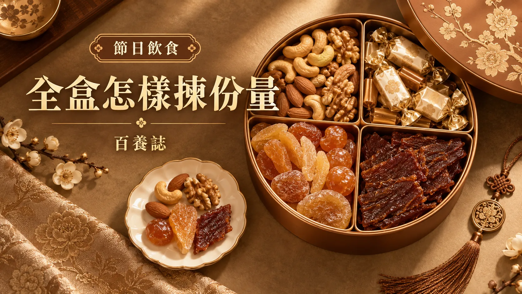 金銅啡米白新春全盒分格與小碟份量封面,文字為節日飲食、全盒怎樣揀份量、百養誌