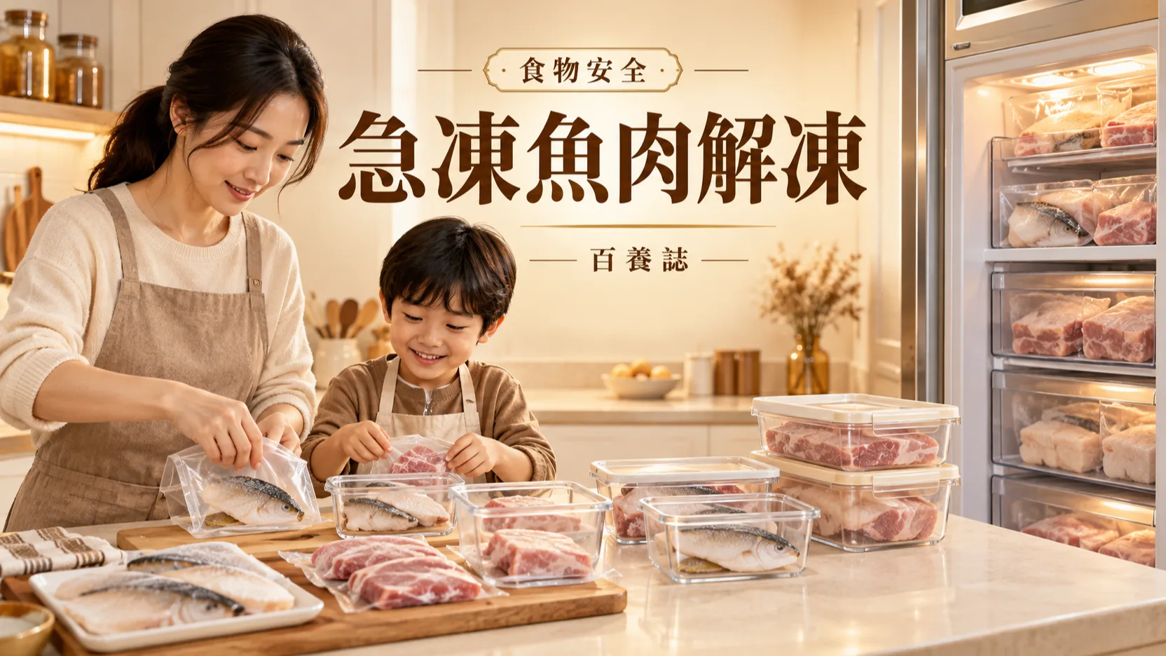 米白廚房桌面上的急凍魚肉分裝盒與雪櫃收納示意