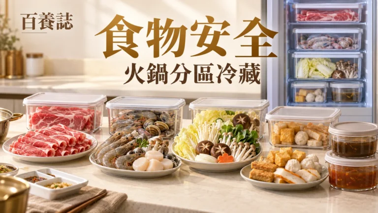 金銅啡米白火鍋食材與分層雪櫃示意封面，文字為食物安全、火鍋分區冷藏、百養誌