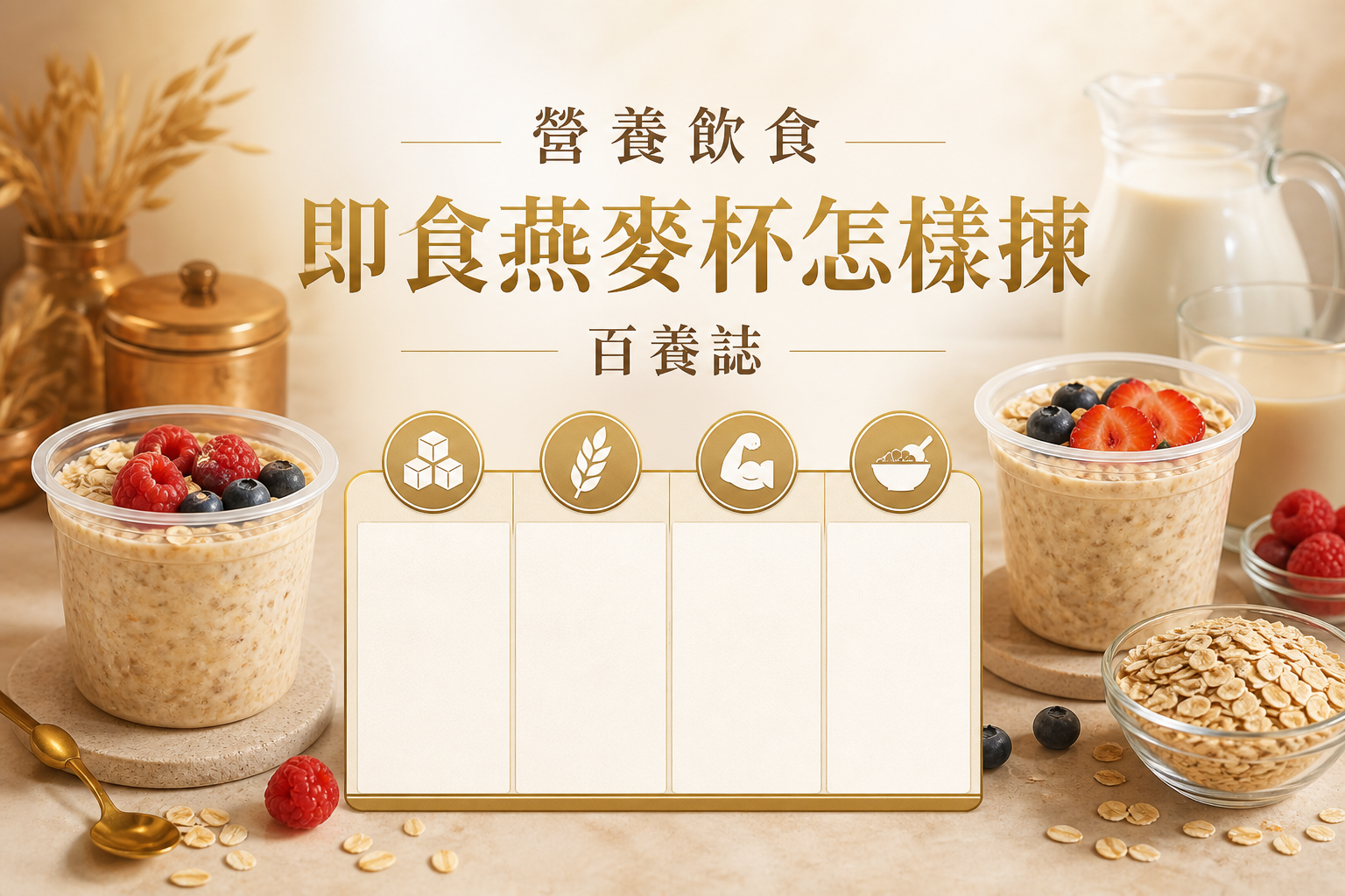 金銅啡米白即食燕麥杯、燕麥、莓果與營養比較圖封面，文字為營養飲食、即食燕麥杯怎樣揀、百養誌