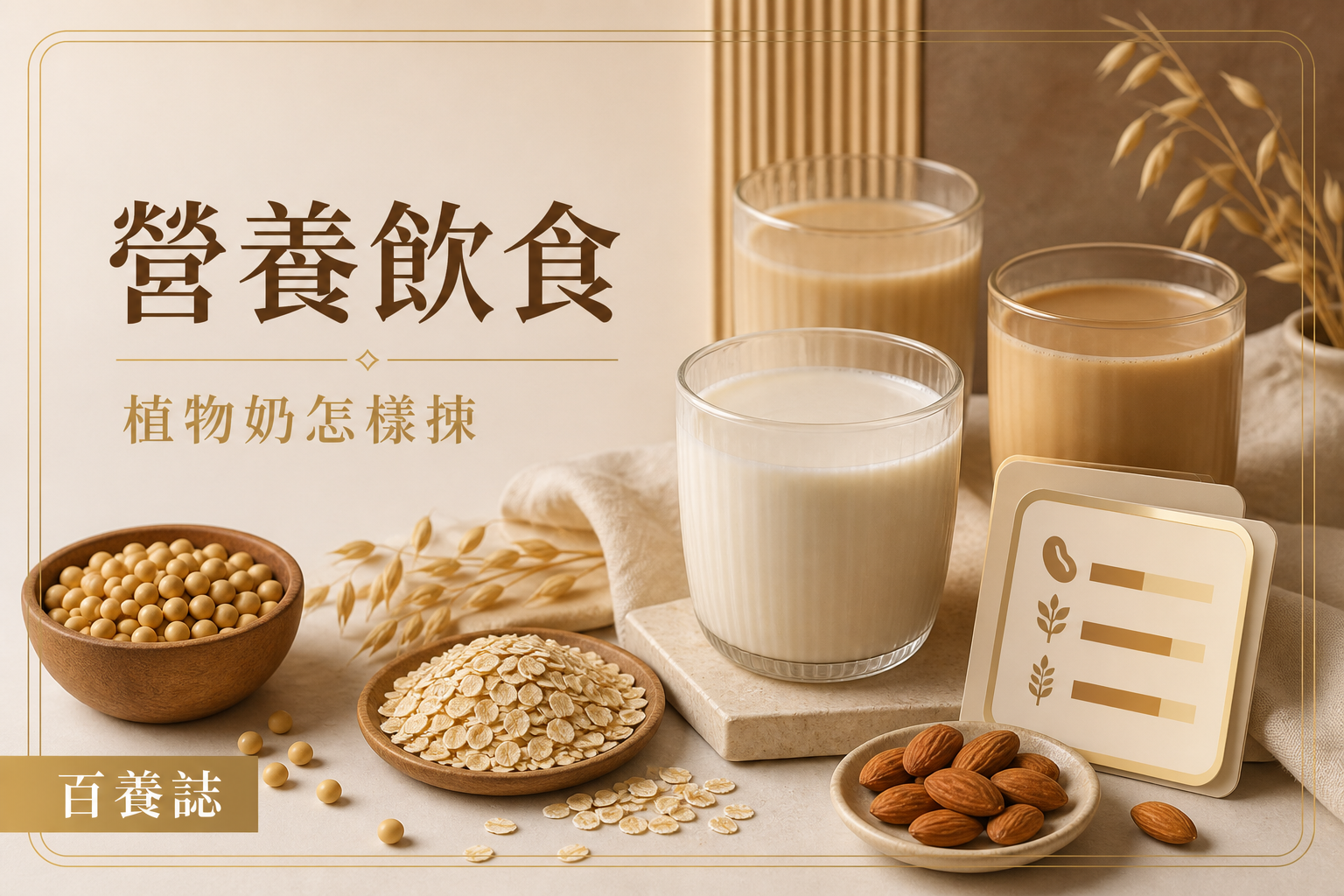 金銅啡米白色植物飲、黃豆、燕麥及杏仁比較封面，文字為營養飲食、植物奶怎樣揀、百養誌