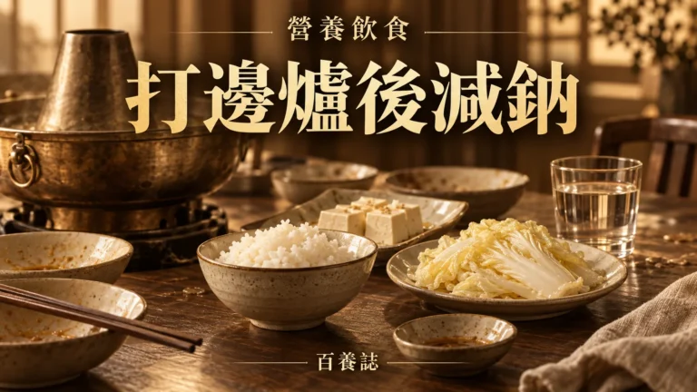 金銅啡米白火鍋後清淡餐盤封面，文字為營養飲食、打邊爐後減鈉、百養誌