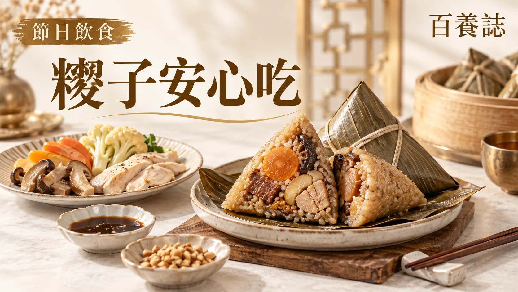 金銅啡米白端午糉子與分餐示意封面，文字為節日飲食、糉子安心吃、百養誌