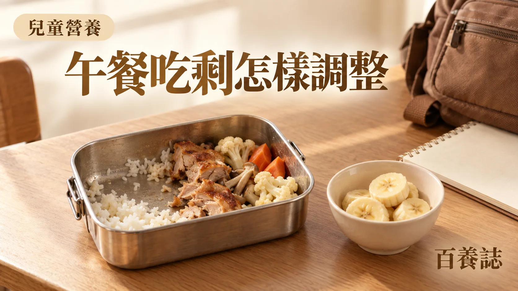 金銅啡米白學童午膳飯盒與剩食觀察封面，文字為親子營養、午膳吃剩怎樣看、百養誌