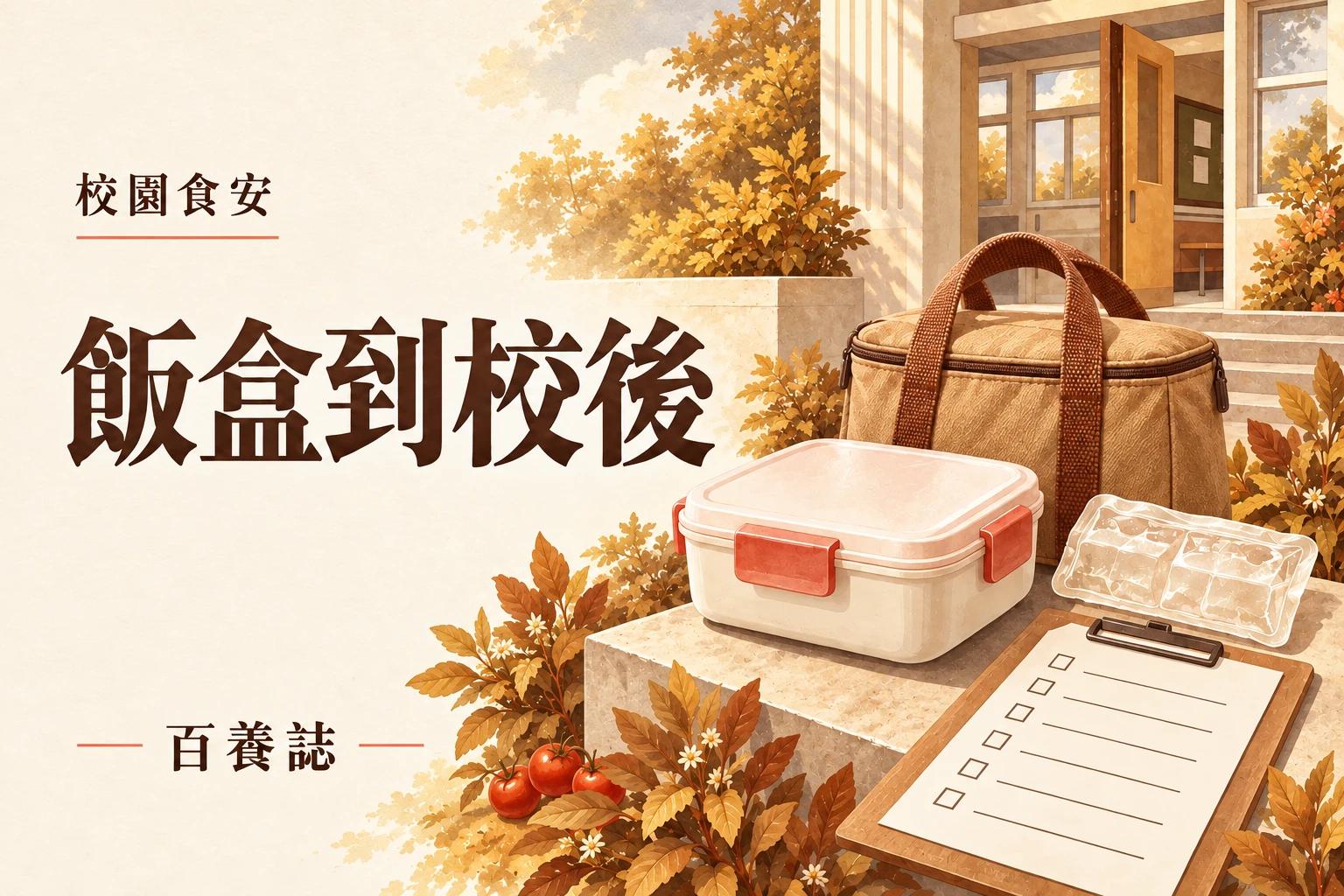 金啡色保冷袋、銅色飯盒與空白交接清單，示意到校後的午膳存放安排。