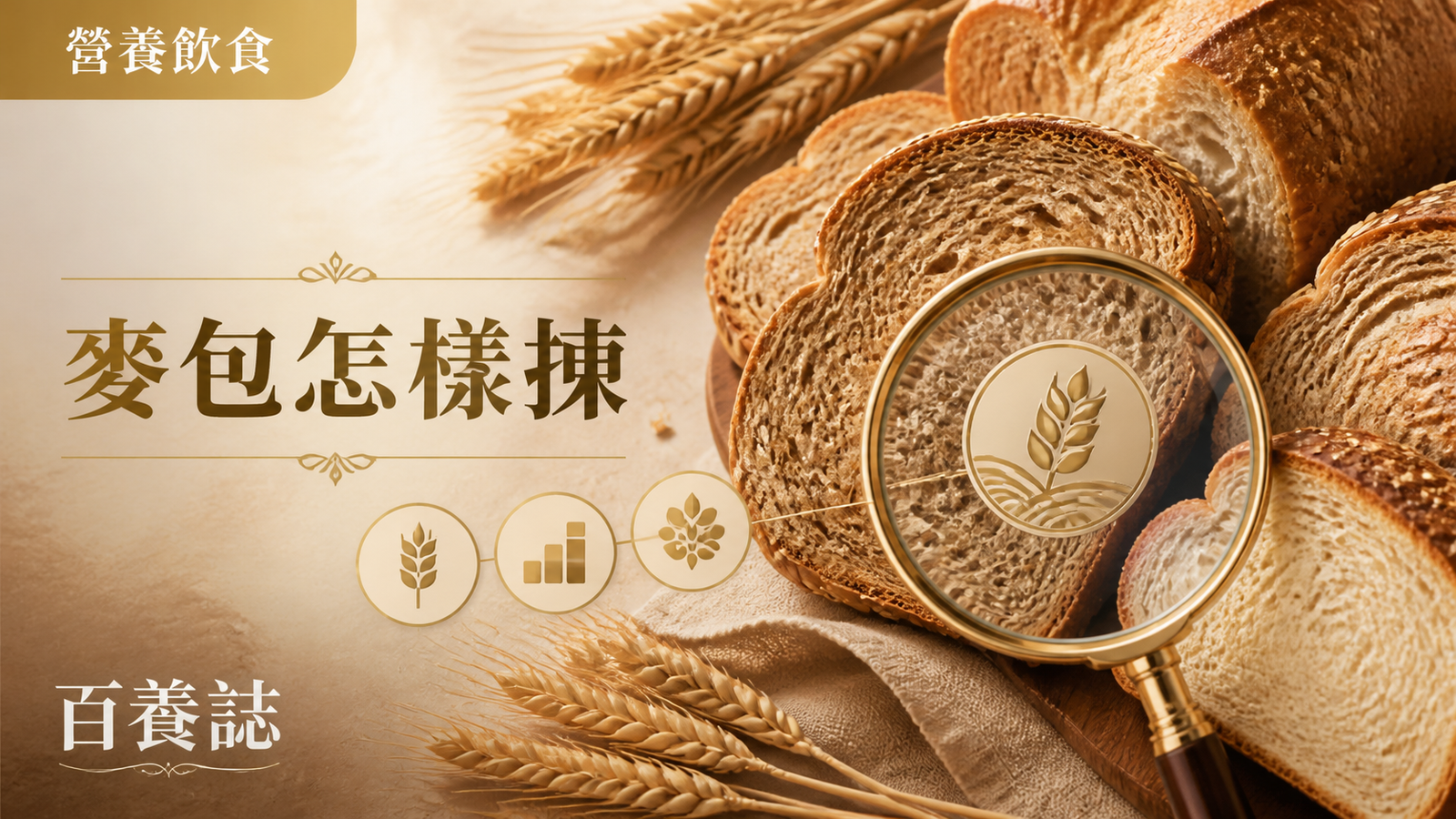金銅啡米白多款麥包、麥穗、放大鏡與營養圖示封面，文字為營養飲食、麥包怎樣揀、百養誌