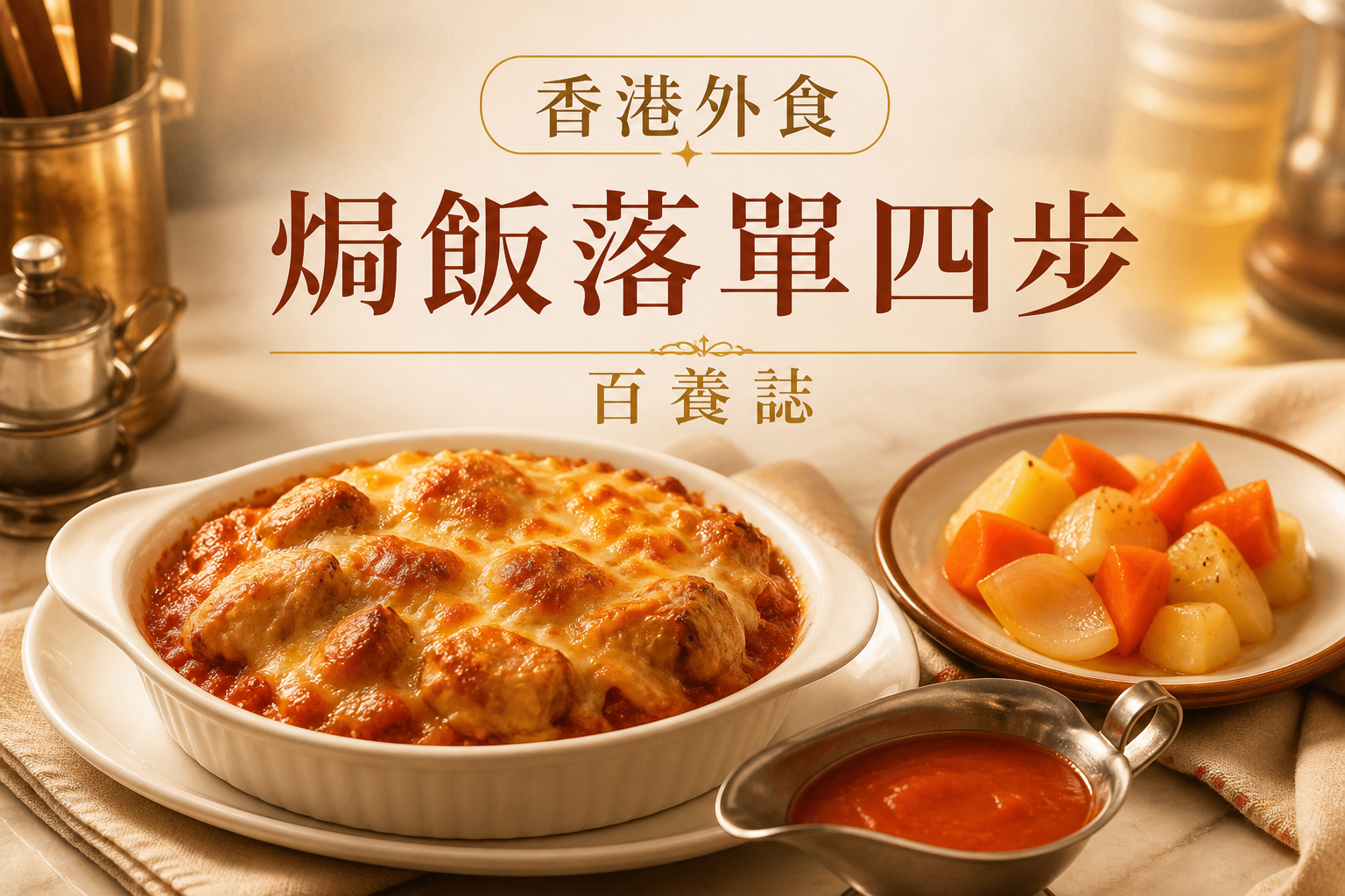 金銅啡米白茶餐廳焗飯、醬汁與蔬菜封面，文字為香港外食、焗飯落單四步、百養誌
