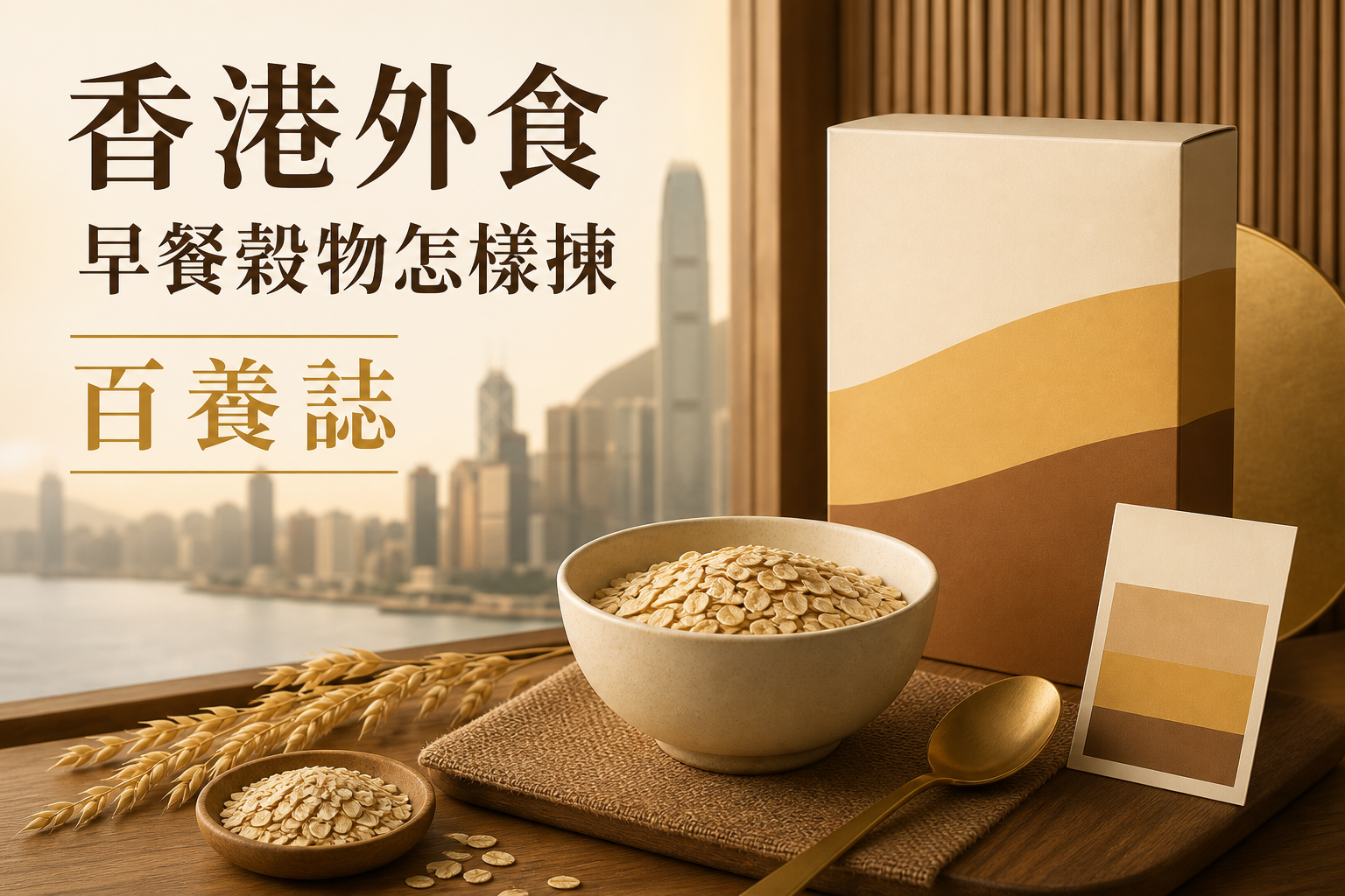 金銅啡米白色早餐穀物、燕麥及無字比較卡封面，文字為香港外食、早餐穀物怎樣揀、百養誌