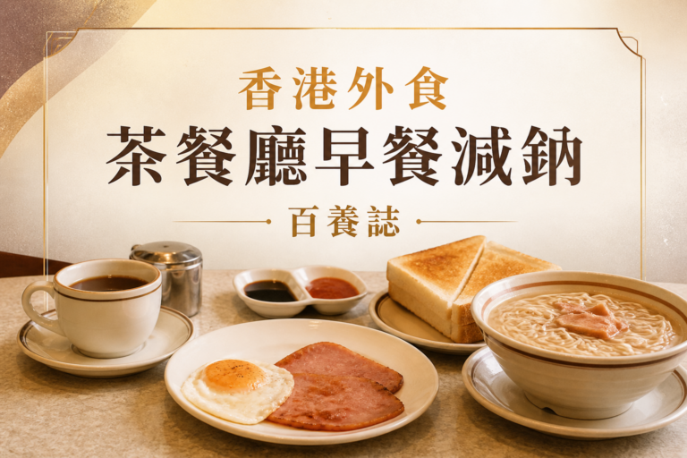 金銅啡米白色茶餐廳火腿蛋、多士、湯麵與茶封面，文字為香港外食、茶餐廳早餐減鈉、百養誌