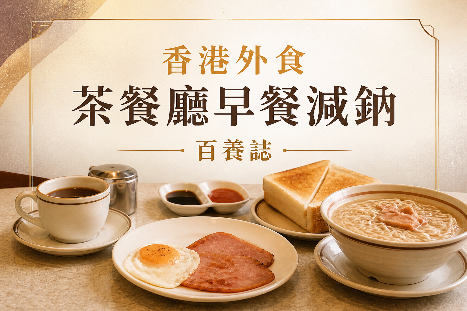 金銅啡米白色茶餐廳火腿蛋、多士、湯麵與茶封面，文字為香港外食、茶餐廳早餐減鈉、百養誌