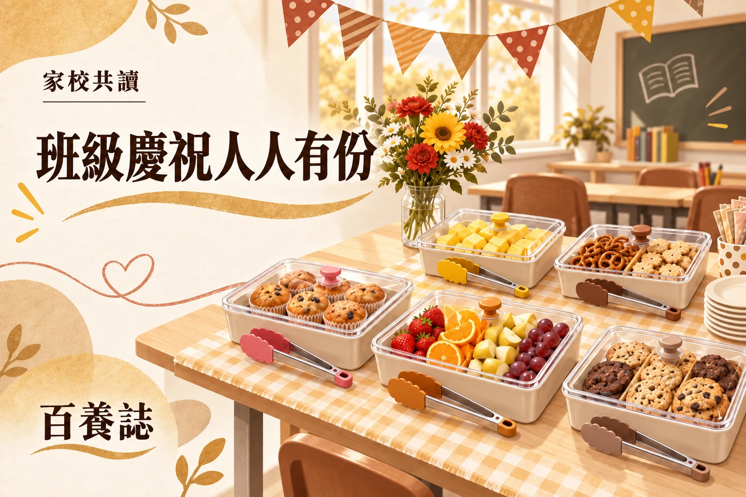 暖金掛旗下分開擺放的食物托盤與餐夾;插畫不代表食物不含致敏原。