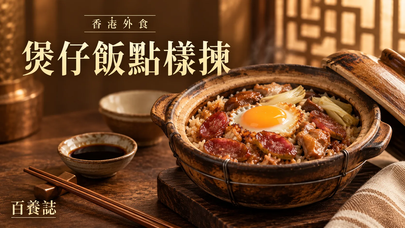 金銅啡米白煲仔飯、飯量、臘味、豉油及蔬菜圖示封面,文字為香港外食、煲仔飯點樣揀、百養誌