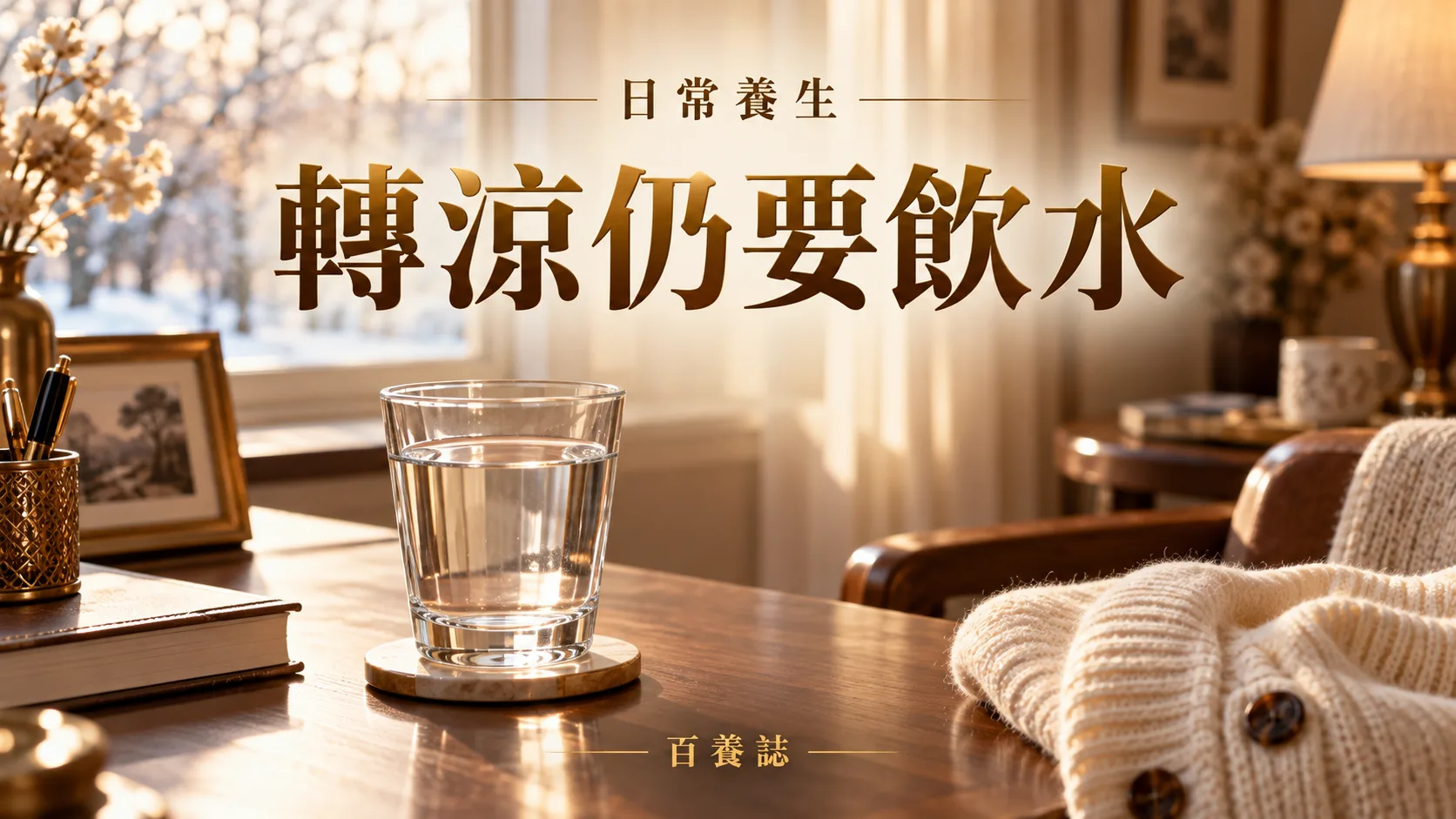金銅啡米白水杯與辦公桌長者家居示意封面，文字為日常養生、轉涼仍要飲水、百養誌