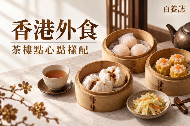 金銅啡米白蒸籠點心、蔬菜、茶與份量圖示封面，文字為香港外食、茶樓點心點樣配、百養誌