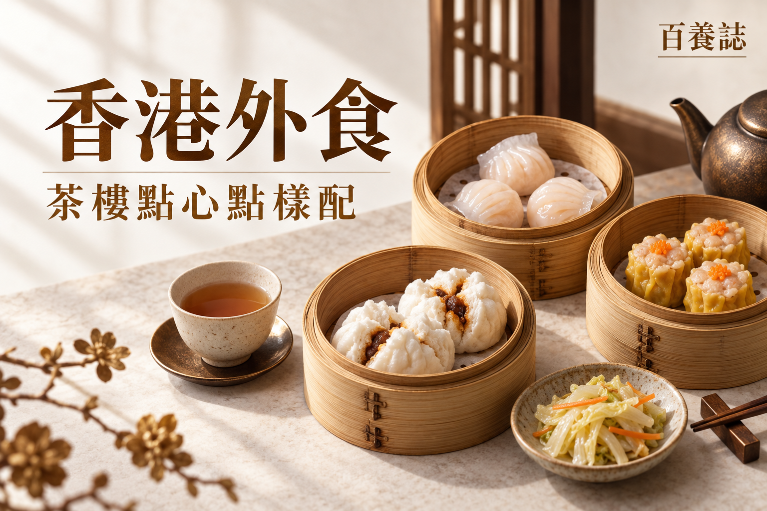 金銅啡米白蒸籠點心、蔬菜、茶與份量圖示封面,文字為香港外食、茶樓點心點樣配、百養誌