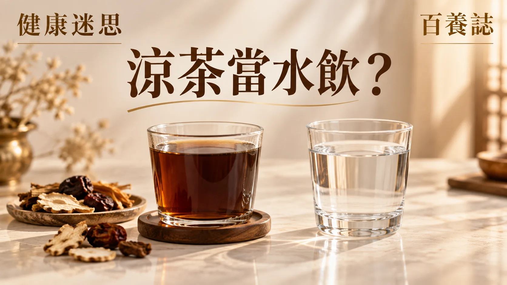 金銅啡米白涼茶杯、清水與成分標籤封面,文字為健康迷思、涼茶當水飲?、百養誌