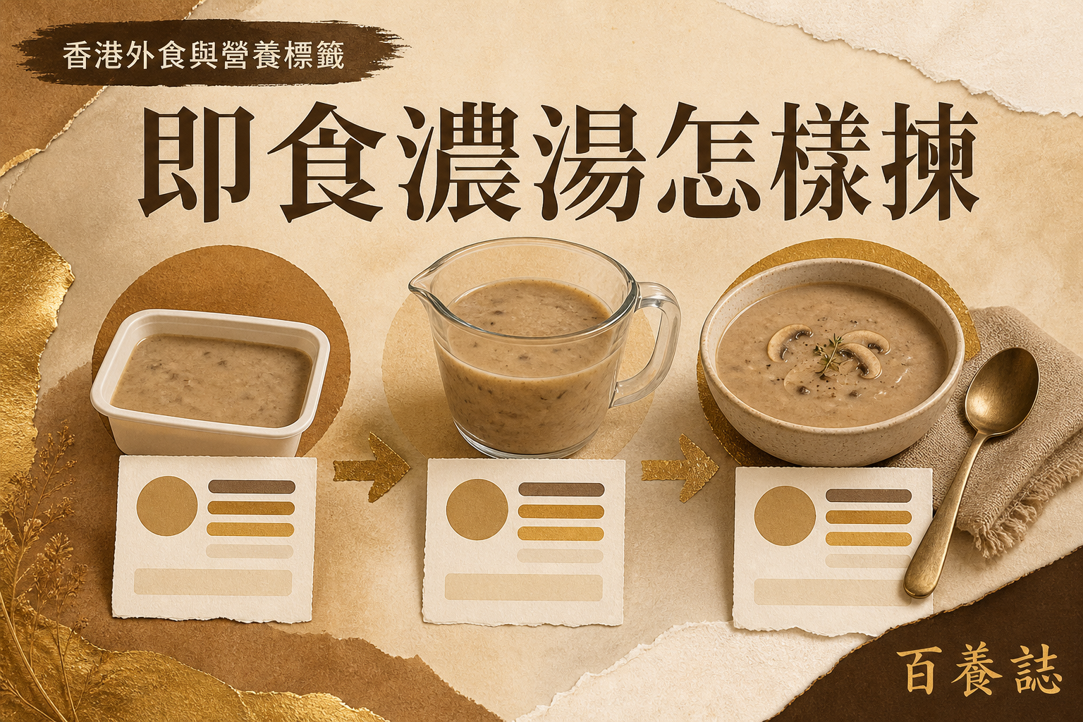 金銅啡米白色的濃湯杯、量杯與營養標籤，文字為香港外食與營養標籤、即食濃湯怎樣揀、百養誌