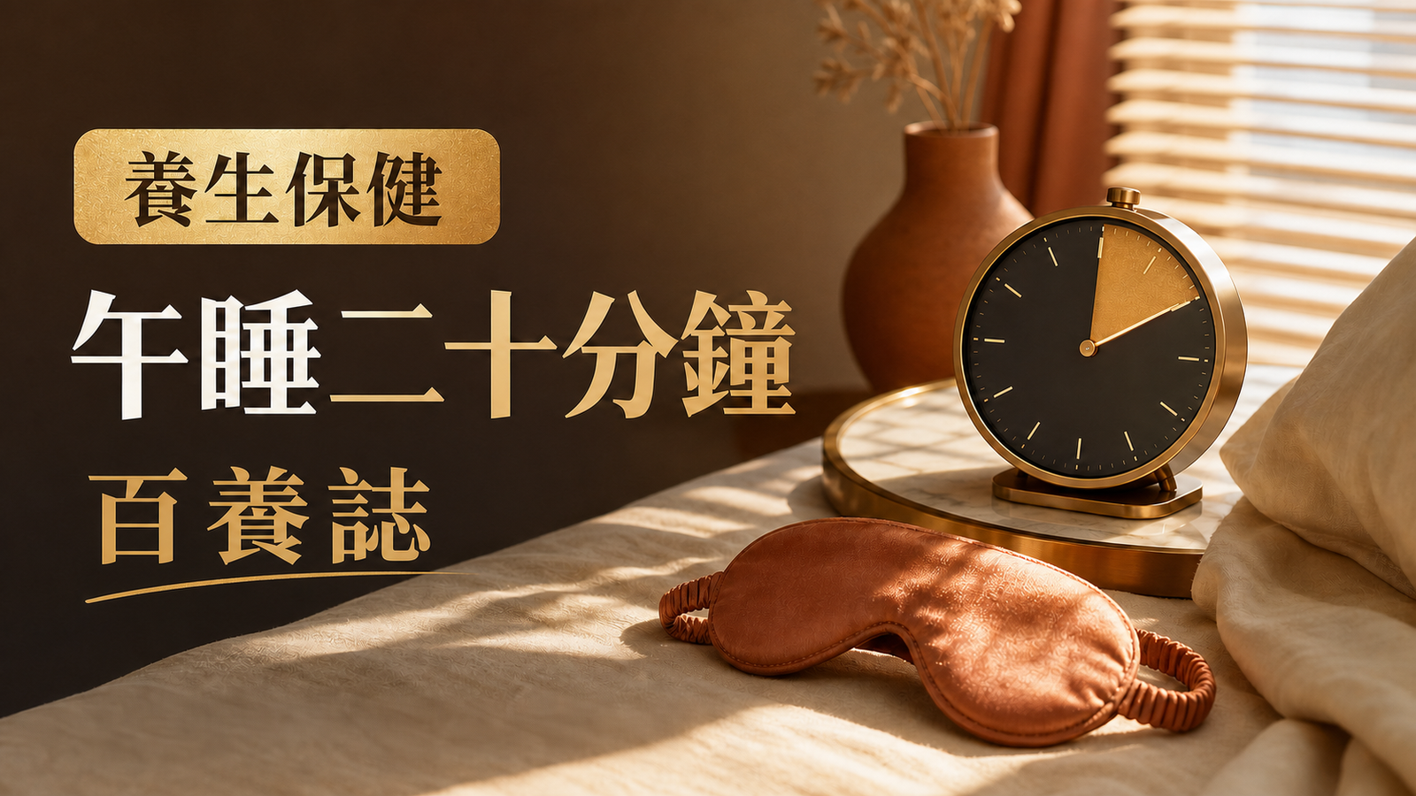 暖色睡房內有時鐘和眼罩，旁有百養誌午睡二十分鐘標題