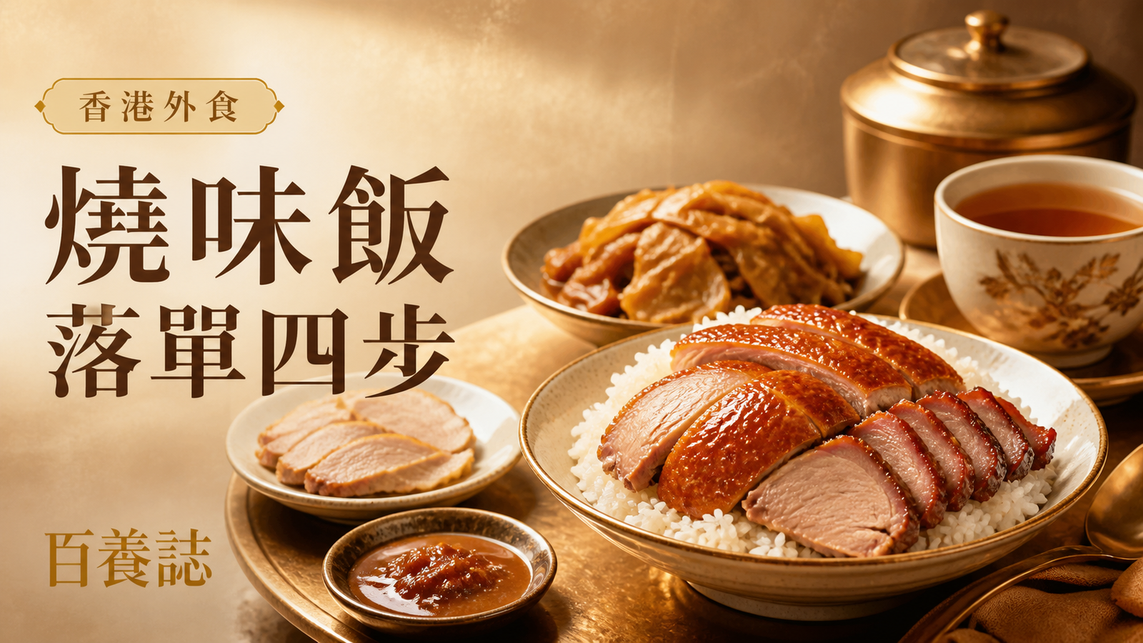 金銅啡米白燒味飯、醬汁小碟、去皮肉片與茶封面，文字為香港外食、燒味飯落單四步、百養誌