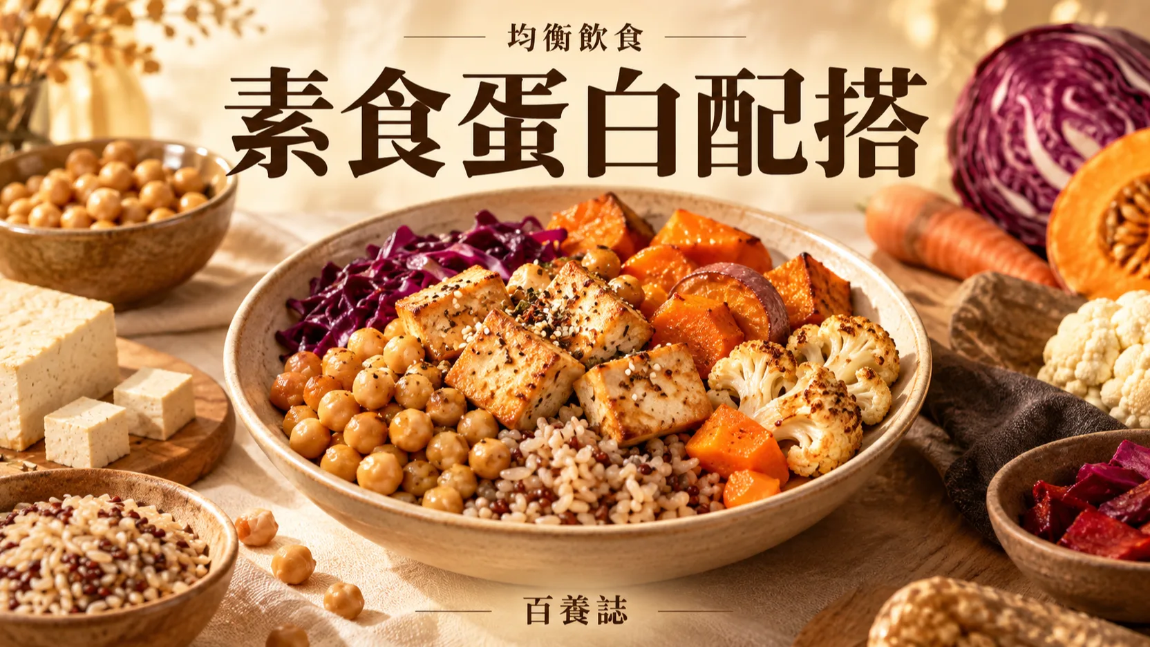 米白桌上的豆腐鷹嘴豆糙米素食餐盤