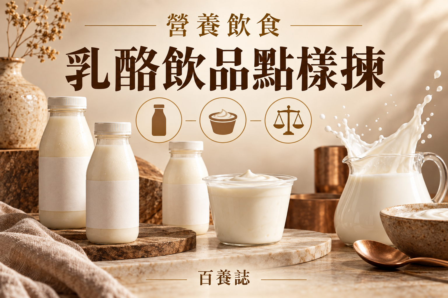 金銅啡米白無品牌乳酪飲品、原味乳酪與比較圖示封面，文字為營養飲食、乳酪飲品點樣揀、百養誌