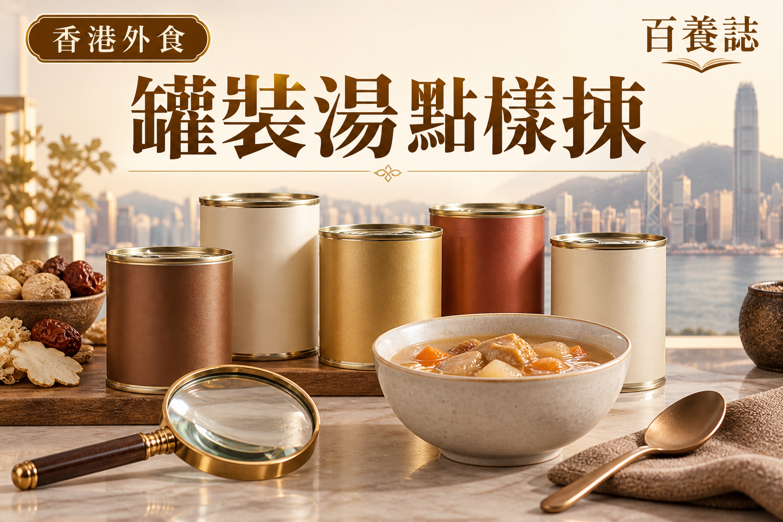 金銅啡米白無品牌罐裝湯、湯碗、放大鏡與香港景觀封面，文字為香港外食、罐裝湯點樣揀、百養誌