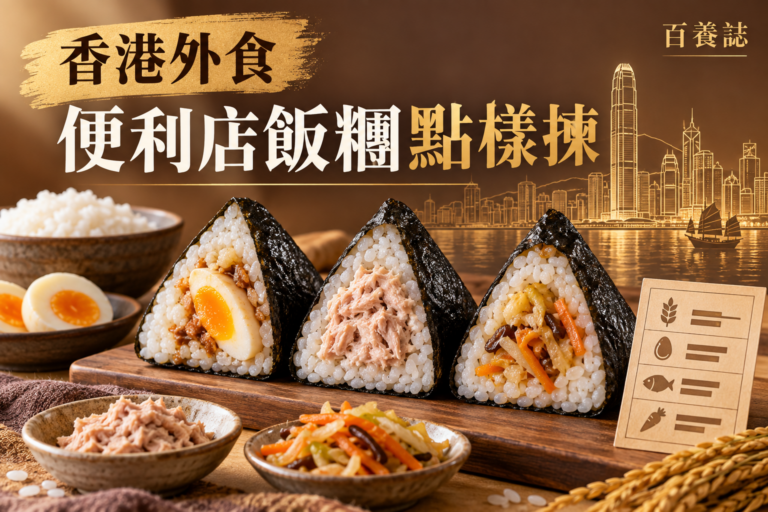 金銅啡米白三款飯糰、蛋、吞拿魚、蔬菜餡料、營養標籤與香港線稿封面，文字為香港外食、便利店飯糰點樣揀、百養誌