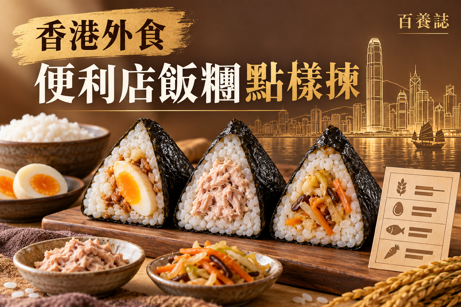 金銅啡米白三款飯糰、蛋、吞拿魚、蔬菜餡料、營養標籤與香港線稿封面，文字為香港外食、便利店飯糰點樣揀、百養誌