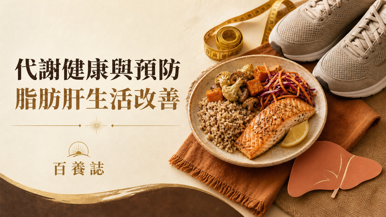 均衡餐碟、步行鞋、軟尺與肝臟紙藝，旁有百養誌脂肪肝生活改善標題