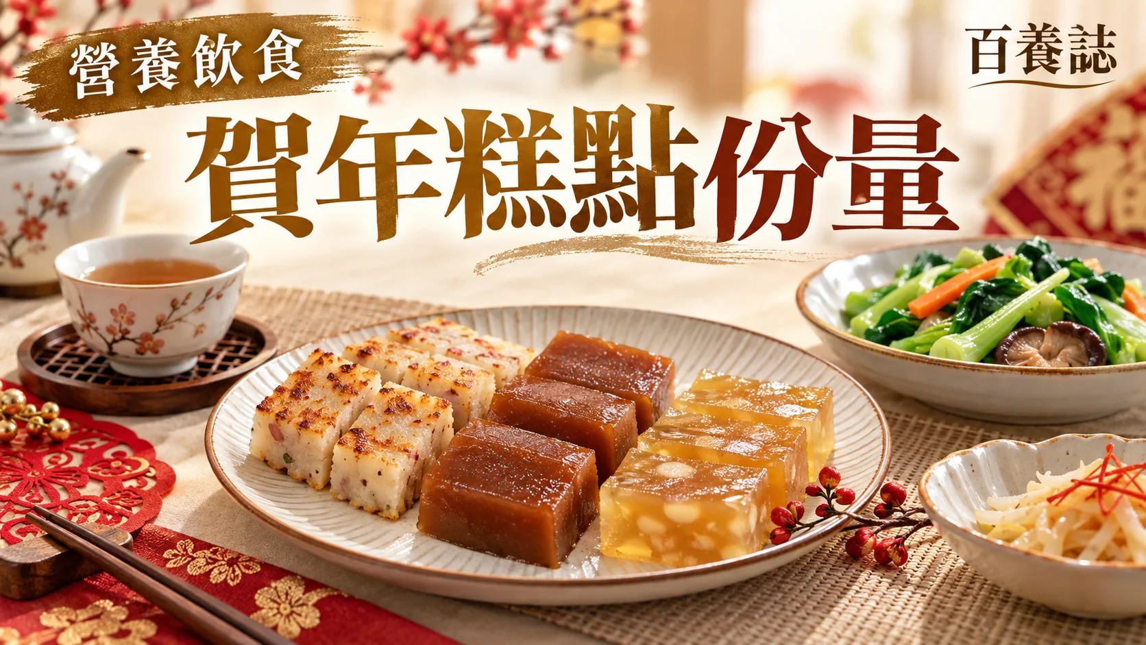 金銅啡米白賀年糕點、小碟份量、蔬菜與茶封面,文字為營養飲食、賀年糕點份量、百養誌