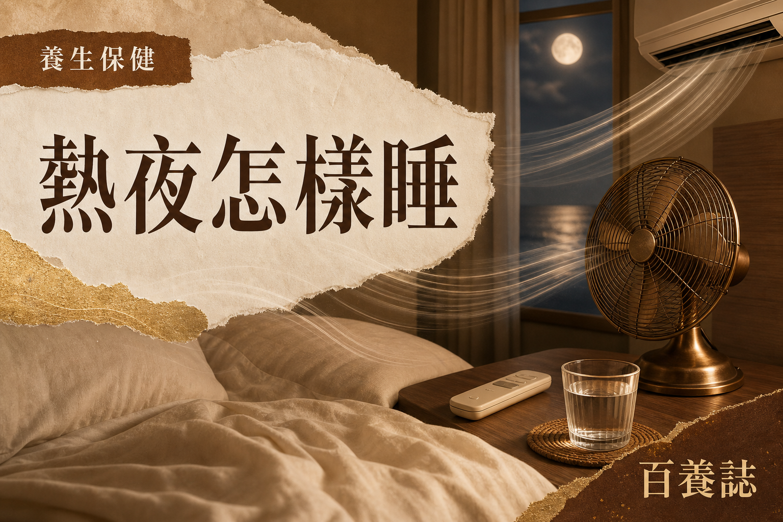 金銅啡米白色的夜間睡房、風扇、冷氣遙控和水杯，文字為養生保健、熱夜怎樣睡、百養誌