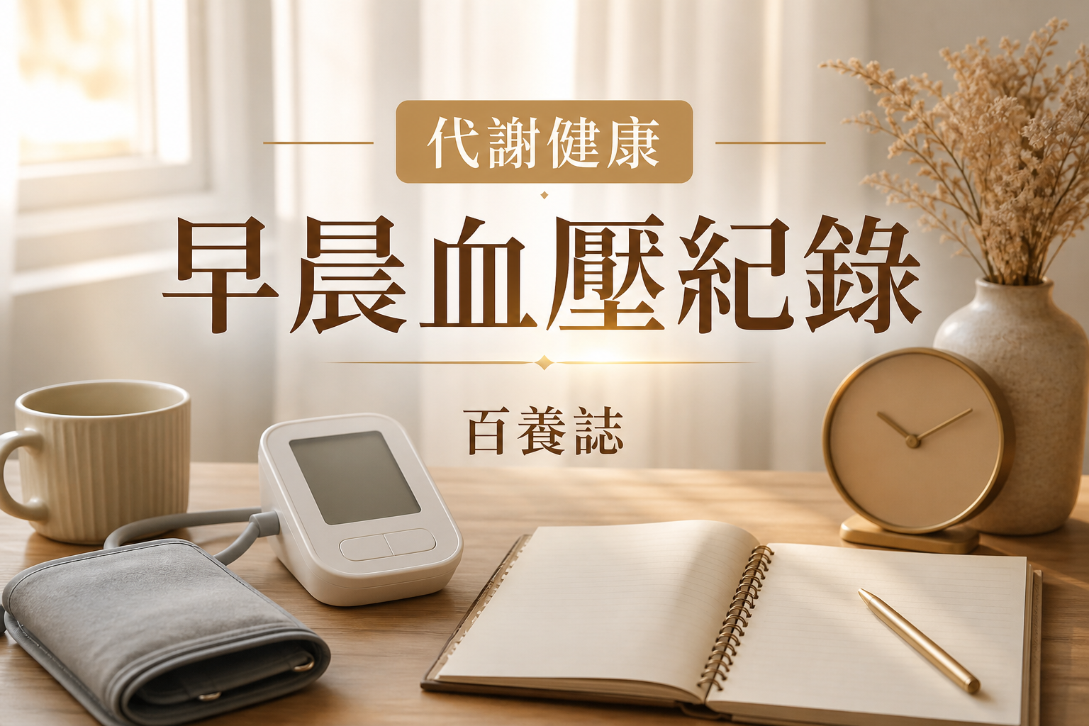 金銅啡米白清晨家居血壓計、袖帶、時鐘與空白記錄簿封面，文字為代謝健康、早晨血壓紀錄、百養誌