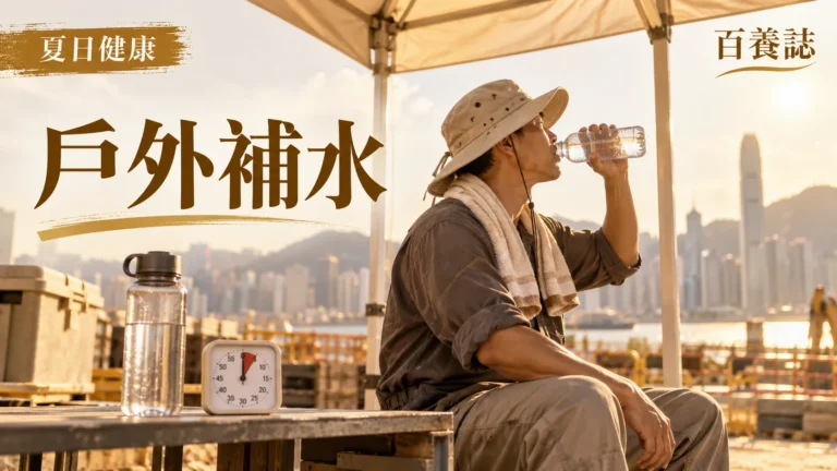 金銅啡米白戶外工作者在遮蔭處飲水休息封面，文字為夏日健康、戶外補水、百養誌