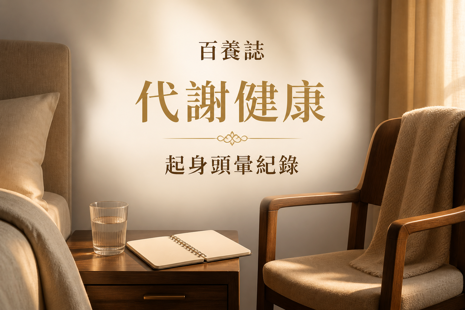 金銅啡米白家居座椅、水杯與空白記錄簿封面，文字為百養誌、代謝健康、起身頭暈紀錄