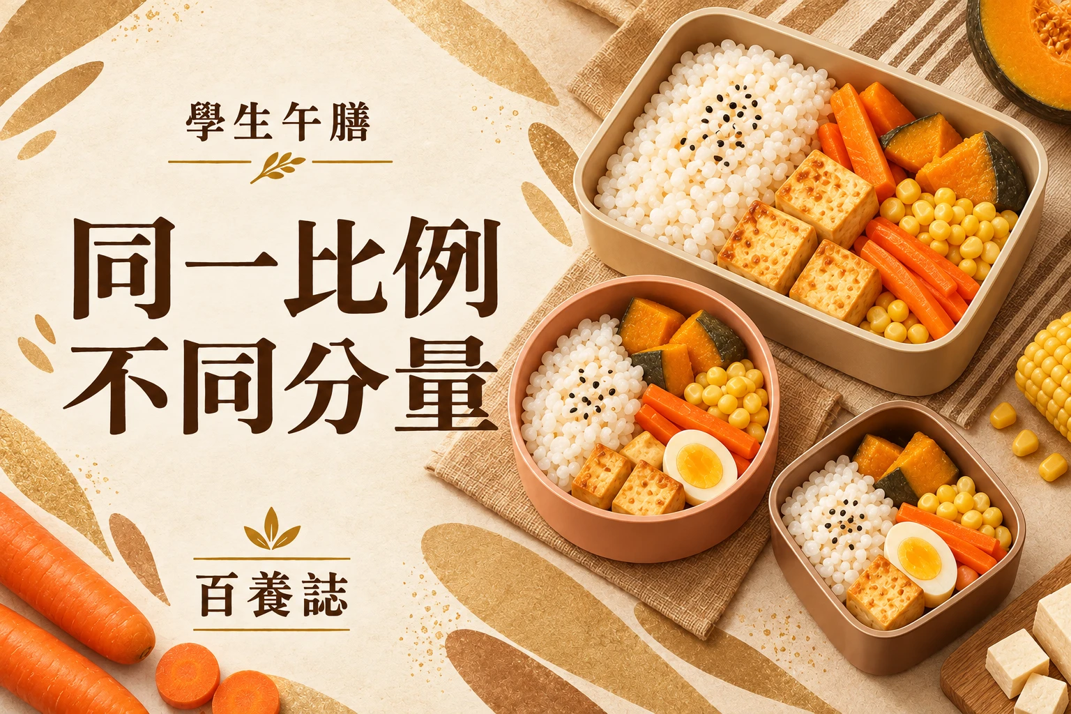 金、銅與米白色飯盒盛放飯、蔬菜、豆腐及蛋;插畫不是精確份量或比例圖。