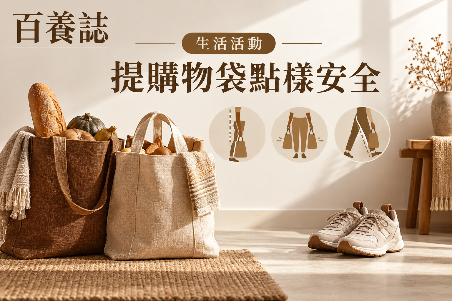 金銅啡米白購物袋、雙手平衡、屈膝與安全路線圖示封面,文字為生活活動、提購物袋點樣安全、百養誌