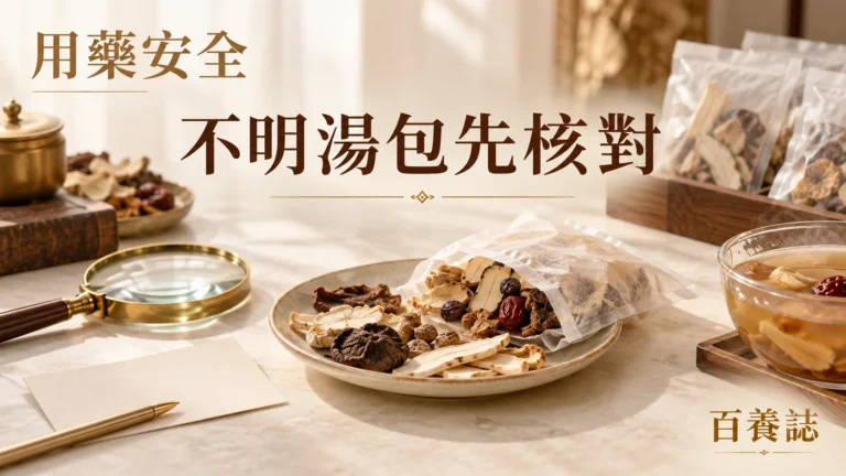 金銅啡米白透明藥材湯包、成分標籤與藥盒封面，文字為飲食迷思、藥材湯包先查清、百養誌