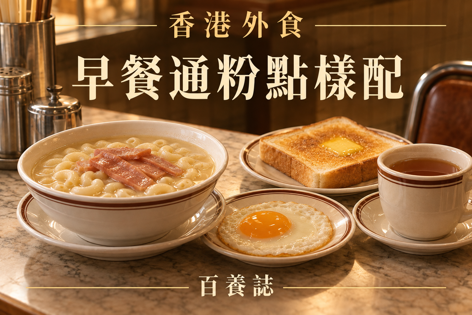 金銅啡米白茶餐廳通粉、雞蛋、多士與清茶封面，文字為香港外食、早餐通粉點樣配、百養誌