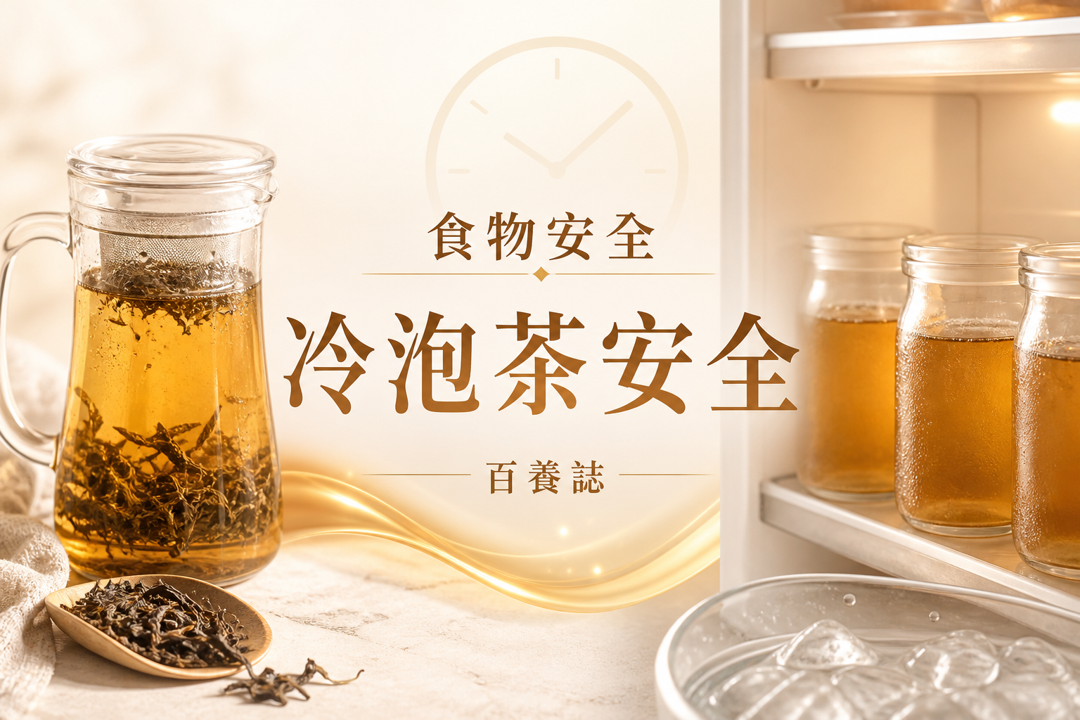 金銅啡米白冷泡茶壺、玻璃杯、雪櫃與時鐘封面，文字為食物安全、冷泡茶安全、百養誌
