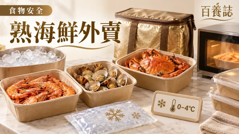 金銅啡米白熟蝦蜆蟹外賣與保冷袋封面，文字為食物安全、熟海鮮外賣、百養誌