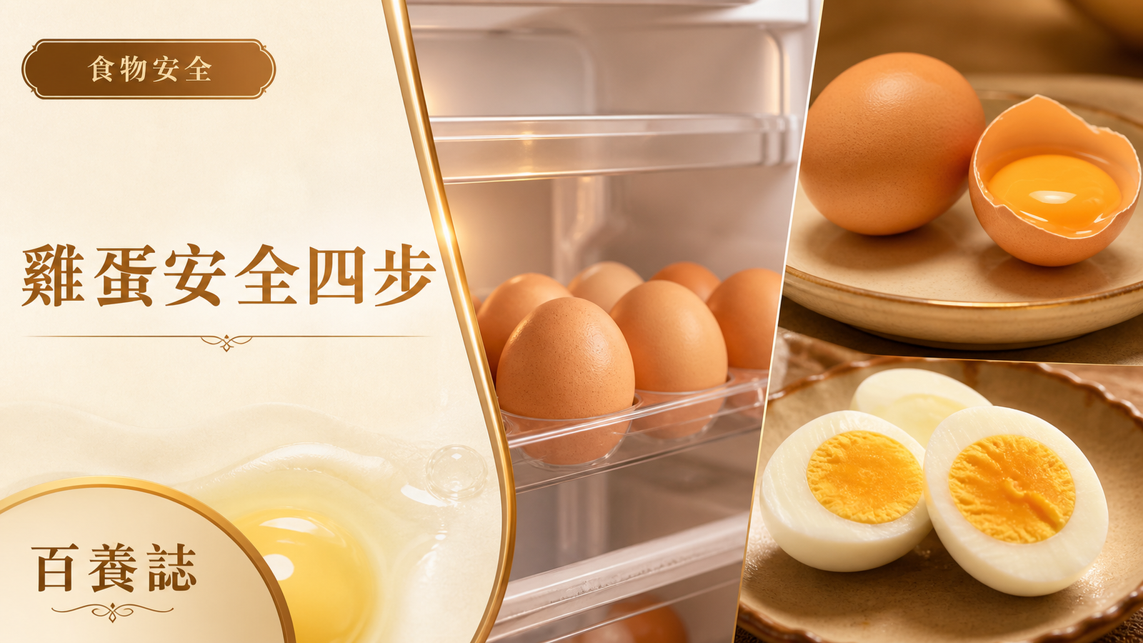 金銅啡米白雪櫃蛋架、完整蛋、裂蛋與熟蛋封面，文字為食物安全、雞蛋安全四步、百養誌