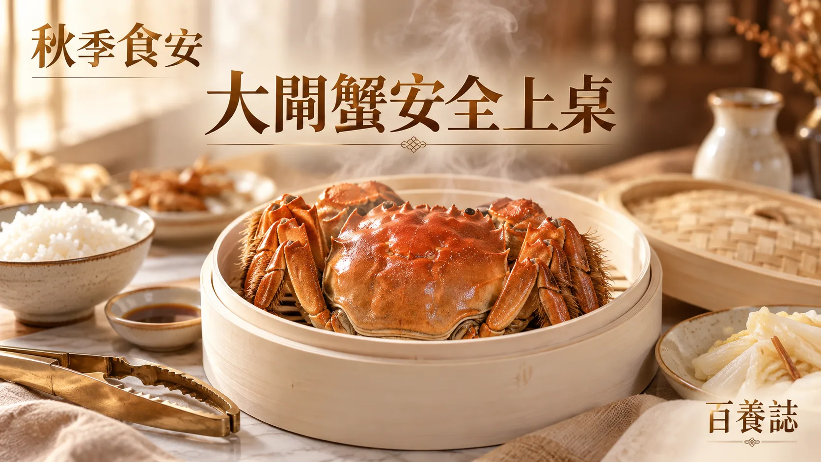 金銅啡米白蒸熟大閘蟹、蔬菜與餐具封面，文字為食物安全、大閘蟹安心吃、百養誌