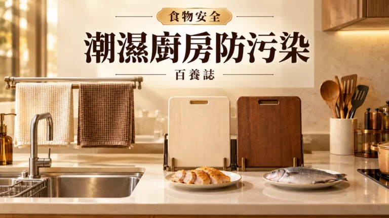 乾爽掛起的米白抹布、分開砧板與銅色廚具