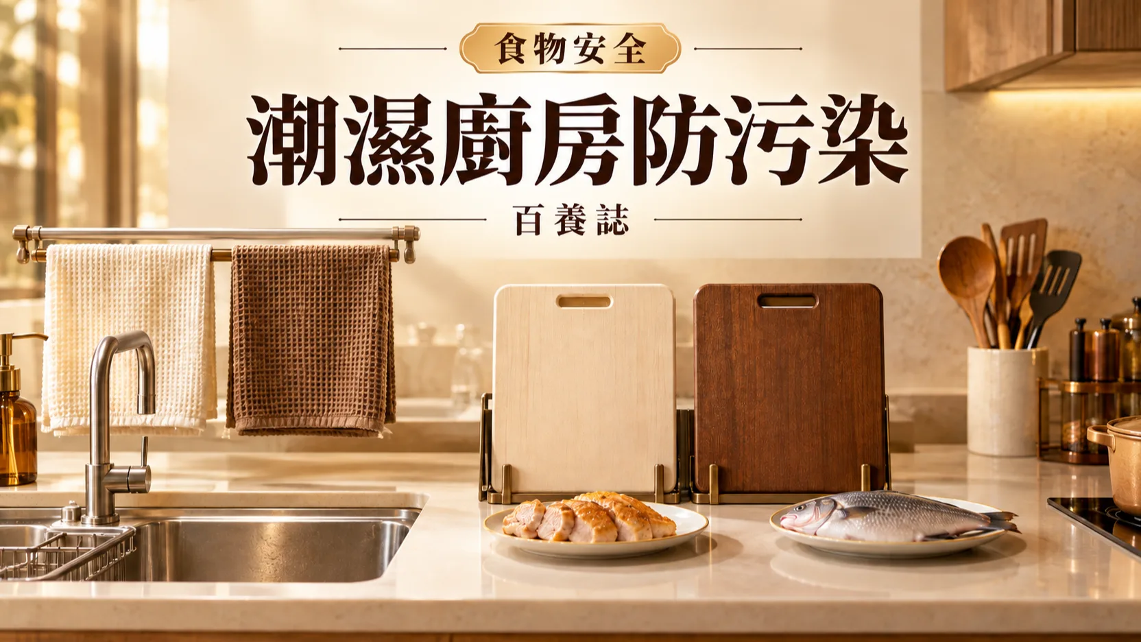 乾爽掛起的米白抹布、分開砧板與銅色廚具