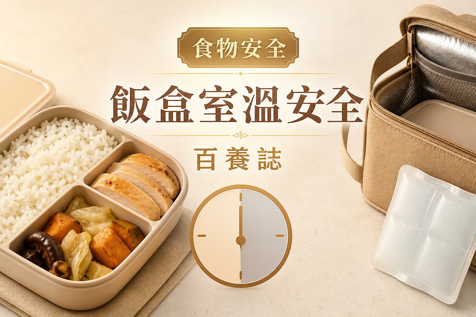 金銅啡米白色分格飯盒、保冷袋、冰種與無數字時鐘封面，文字為食物安全、飯盒室溫安全、百養誌