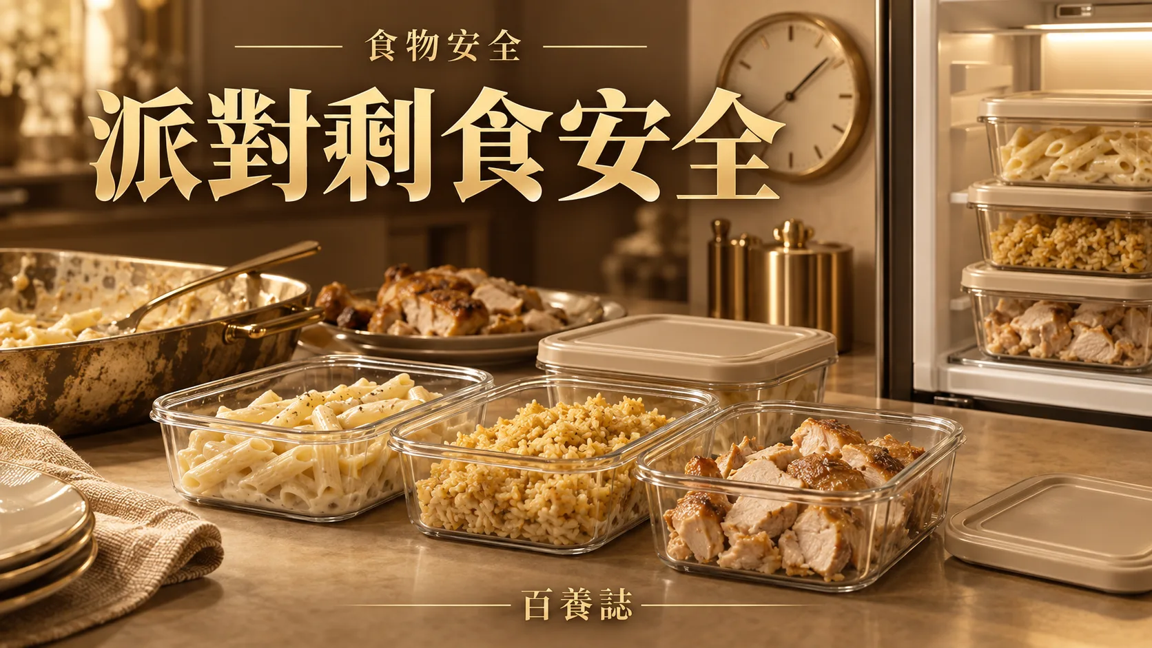 金銅啡米白派對剩食分裝冷藏封面，文字為食物安全、派對剩食安全、百養誌