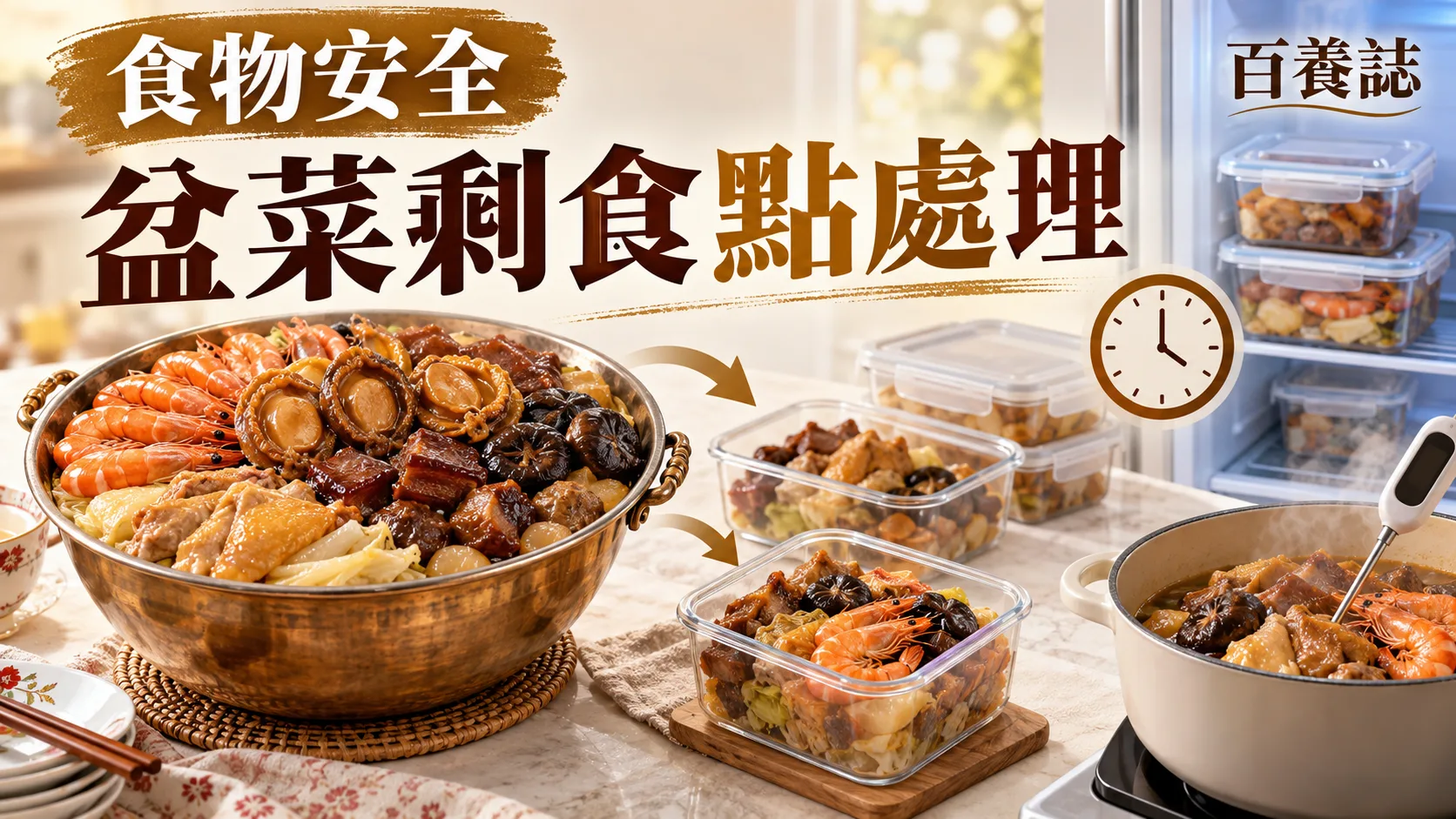 金銅啡米白盆菜、時鐘、淺身冷藏盒與食物溫度計封面,文字為食物安全、盆菜剩食點處理、百養誌